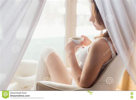 Woman Drinking Coffee In The Early Morning At Home Stock Image Image