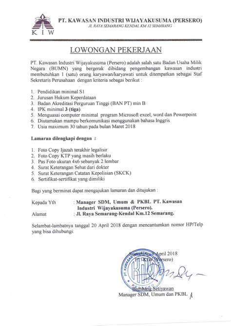 Update lowongan kerja terbaru untuk menjadikan situs ini rujukan nomer satu para pencari kerja di indonesia dan membantu para jobseeker atau pencari kerja menemukan pekerjaan impian mereka. PT Kawasan Industri Wijayakusuma (Persero) - Lokernas.com ...