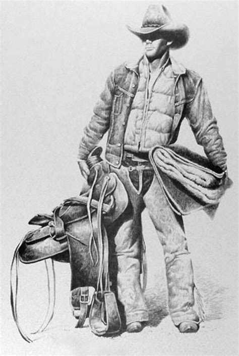 A Pencil Drawing Of A Cowboy Holding A Saddle