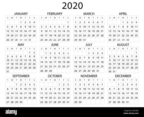 Sencillo Diseño De Calendario Para 2020 La Semana Comienza En Domingo