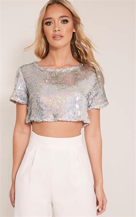 Clare Silver Split Back Sequin Crop Top Prettylittlething Usa