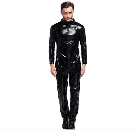 faux pvc leather latex fetish bondage costumes for men sexy jumpsuit nightclub wear gay sex