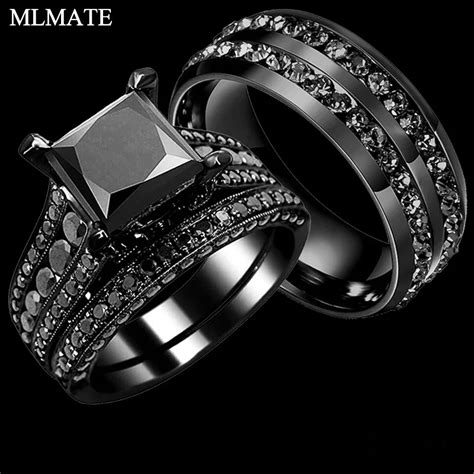 His Her Couple Rings Black 316l Stainless Steel Princess Cut Cubic Zirconia Engagement Wedding