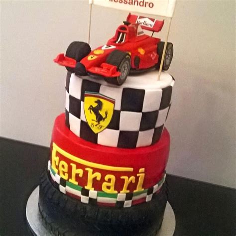 Hazelnut chocolate mud, the horse is a 2d cutout, raised with shaping and detail added, the board was covered with fondant black and white squares. F1 Ferrari car cake | Car cake, Ferrari cake, Cake