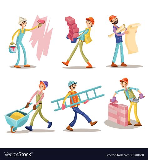 Construction Workers Funny Cartoon Set Royalty Free Vector