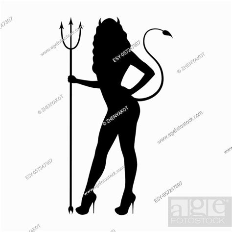 Black Silhouette Of A Demon Girl Standing In Heels With A Pitchfork With Horns And A Tail Stock