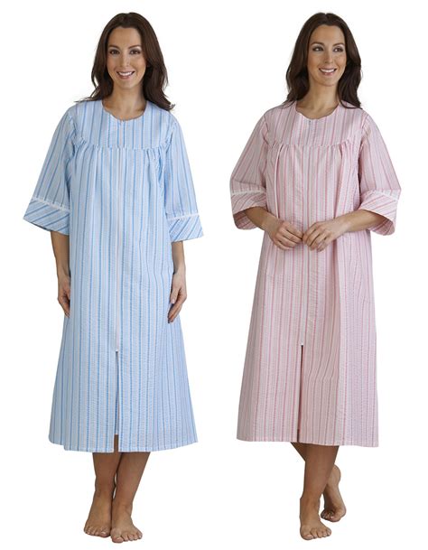 Womens Seersucker Stripe Zip Up Bathrobe Slenderella Ladies Dressing