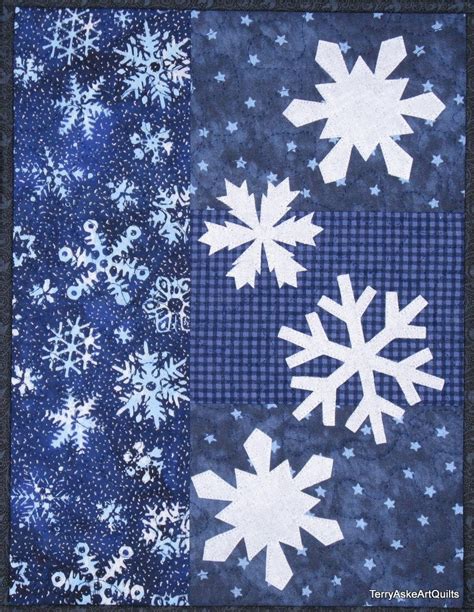 Art Quilt Wall Hanging Winter Snowflakes in Blue and White