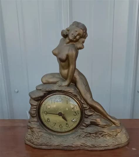 ANTIQUE GILBERT MOVEMENT Art Deco Figural Nude Bronze Mantel Clock As