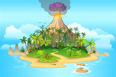 Volcano Eruption Cartoon Tropical Island With Volcano Palm Trees