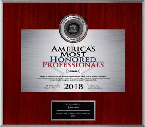 Americas Most Honored Professionals 2018 American Registry Recognition Plaques Award