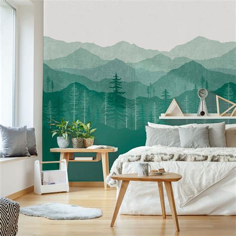 Teal Green Ombré Mountain Mural W1076 Woodland Wallpaper Mountain Wallpaper Mountain Mural