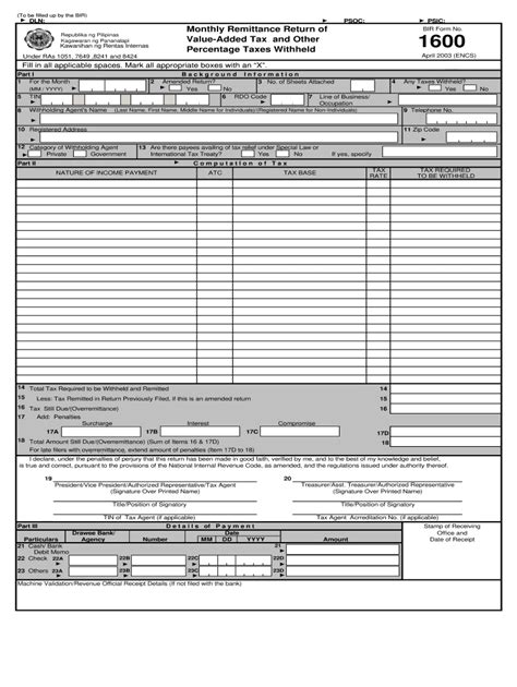 2003 PH BIR Form 1600 Fill Online Printable Fillable Blank PdfFiller