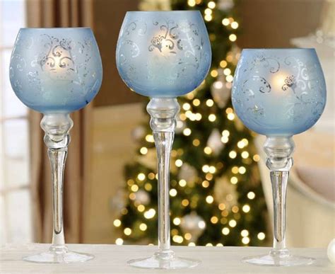 Christmas Candle Holders Frosted Blue Glass Hurricane