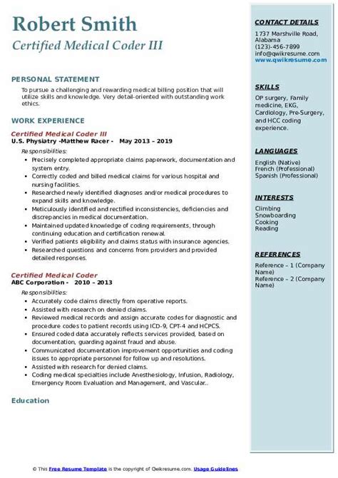 Give your career the right. Certified Medical Coder Resume Samples | QwikResume