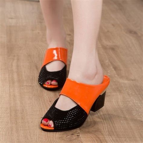 Showing Image For Genuine Leather Orange High Heeled Slippers S 167or