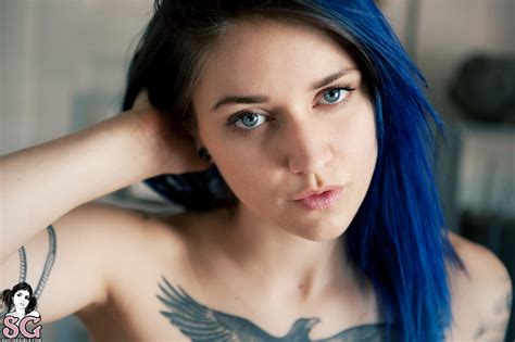 Wallpaper Face Dyed Hair Long Hair Blue Hair Blue Eyes Tattoo