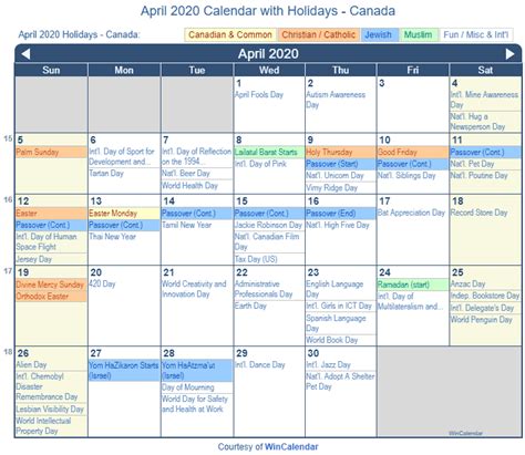Print Friendly April 2020 Canada Calendar For Printing