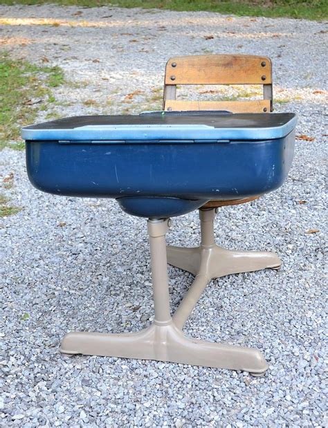 Vintage School Desk With Attached Chair Wood Metal Blue Beige Etsy