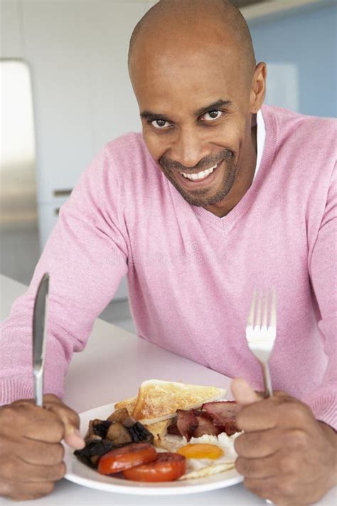 Middle Aged Man Eating Unhealthy Fried Breakfast Stock Photo Image Of