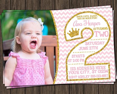 A Pink And Gold Nd Birthday Party Photo Card With A Princess Crown On