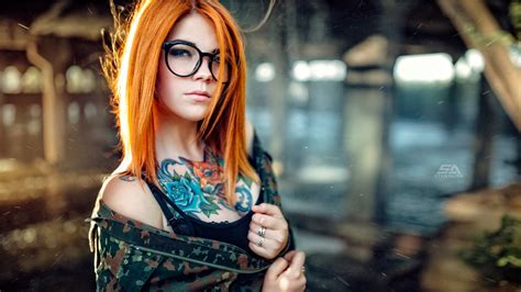 wallpaper mariya fox redhead tattoo women with glasses depth of field portrait face
