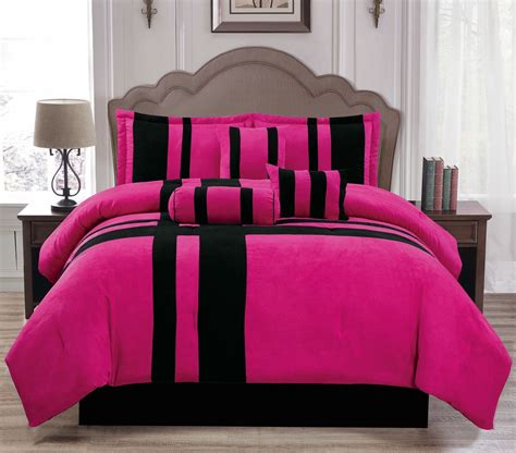 A distressed floral print provides a modern farmhouse aesthetic. Soft Suede Pink & Black Stripe 7 Piece Comforter Set ...