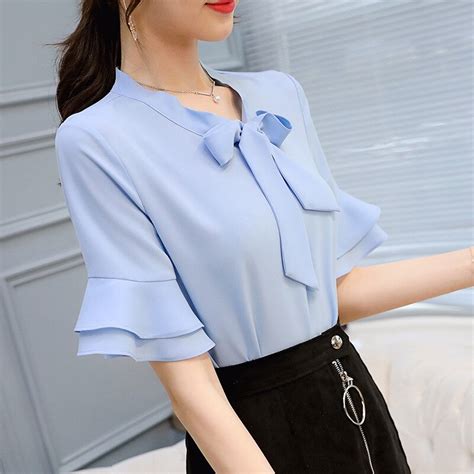 Buy New 2018 Summer Women Blouses Bow Shirts Fashion Short Butterfly Sleeve