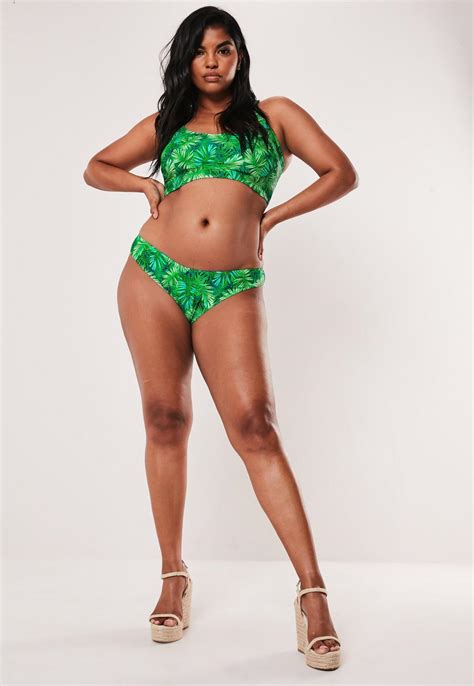 Plus Size Green Palm Print High Leg Boomerang Bikini Bottoms