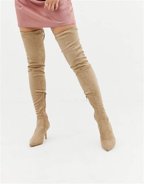 missguided over the knee faux suede heeled boots in beige asos