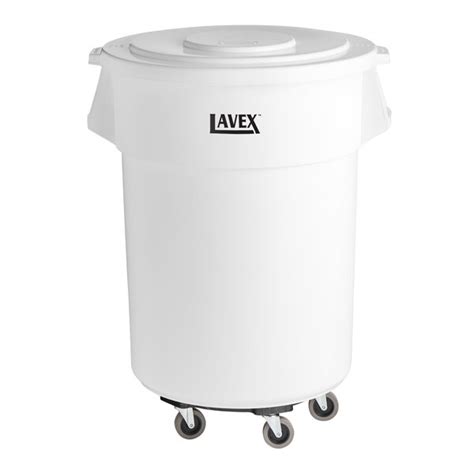 Lavex 55 Gallon White Round Commercial Trash Can With Lid And Dolly