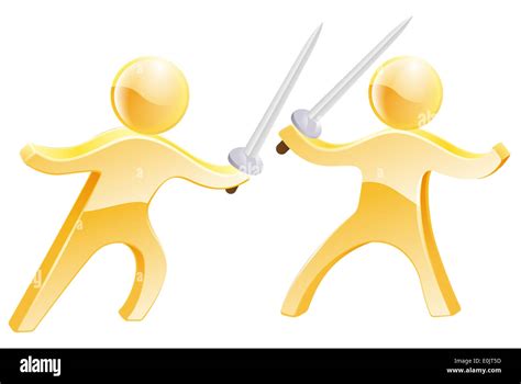 Sword Fight Concept Of Two Gold Men Fighting With Swords Stock Photo