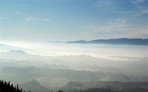 Download Landscape Dawn Sunrise Horizon Fog 2880x1800 Wallpaper