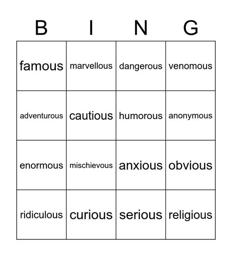 Adjectives Ending In Ous Bingo Card
