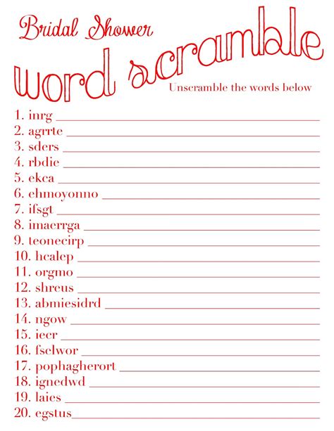 Free Printable Bridal Shower Word Scramble With Answe