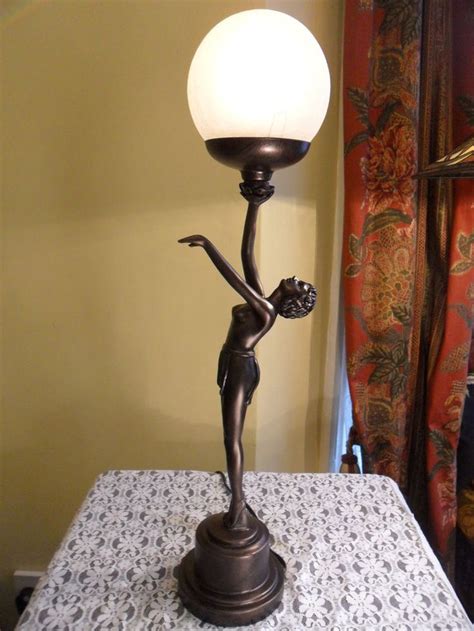 Bronze Naked Nude Lady Lamp Art Deco Figurine Nora Glass Table Globe Shade Lady Vintage And