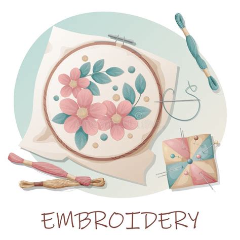 Postcard With Sewing Tools Embroidery Hobby Needlework Illustration