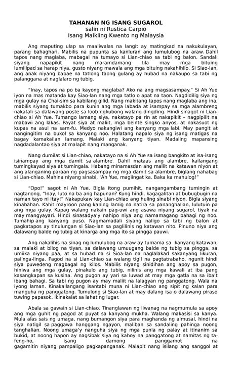 Fil 9 Handouts Filipino Tahanan Ng Isang Sugarol Salin Ni Rustica
