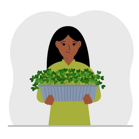 Premium Vector A Woman Holds A Pot With A Houseplant In His Hands