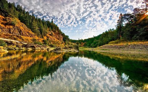 Nature River Water Reflection Clouds Trees Forest
