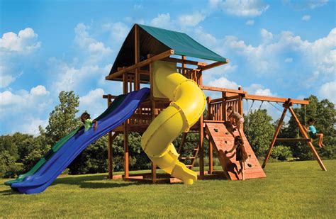 A Big Backyard Swing Set With Multiple Slides High Wire