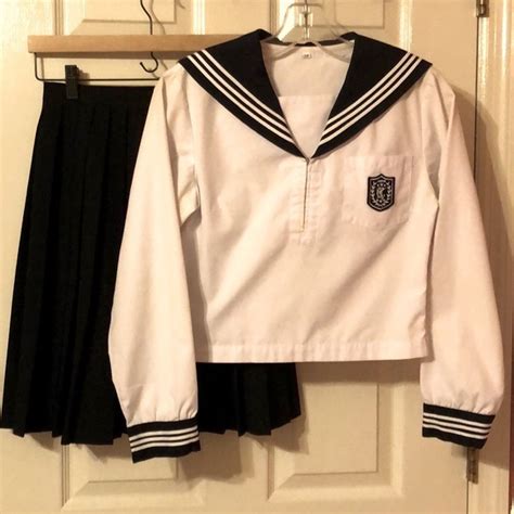 Vintage Japanese Seifuku Sailor Uniform Set Navy X White For Spring