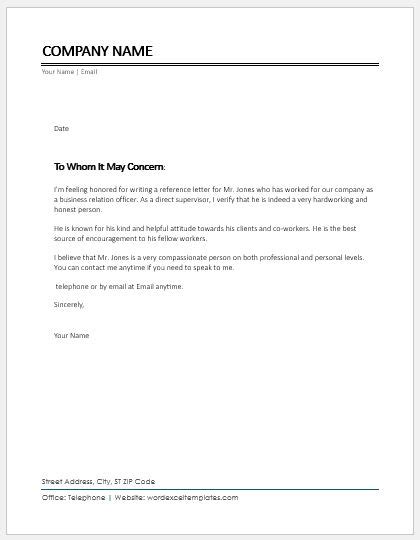 A character reference letter is usually written by someone in favor of a person whom they know and appreciate. Character Reference Letter for Coworker | Word & Excel ...