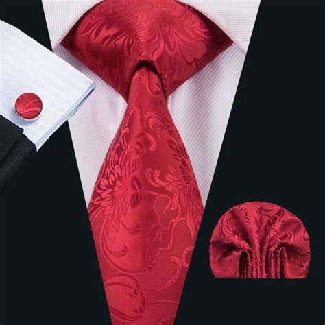 Red Floral Tie Pocket Square Cufflinks Set Ties Mens Fashion Tie And