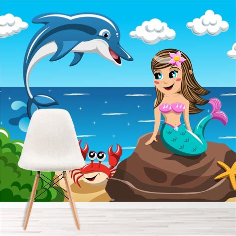 Mermaid Dolphin And Crab Under The Sea Cartoon Wall Mural
