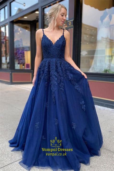 Royal Blue V Neck A Line Lace Applique Tulle Long Prom Dresses Vampal