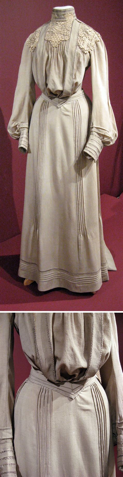 Day Dress American Ca 1902 Putty Colored Wool Trimmed With Lace And