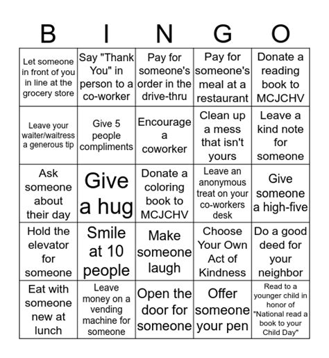 Random Acts Of Kindness Bingo Card