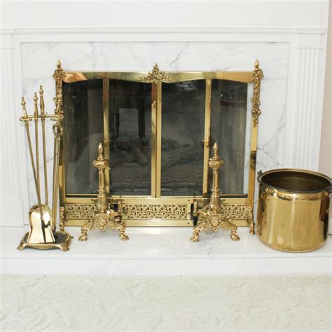 Solid Brass Fireplace Screen With Andirons And Various Accessories Ebth