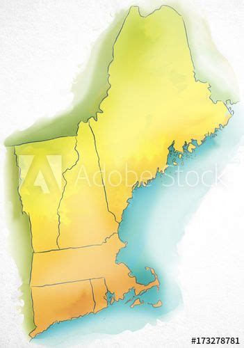 Watercolor Map Of New England Usa Buy This Stock Photo And Explore